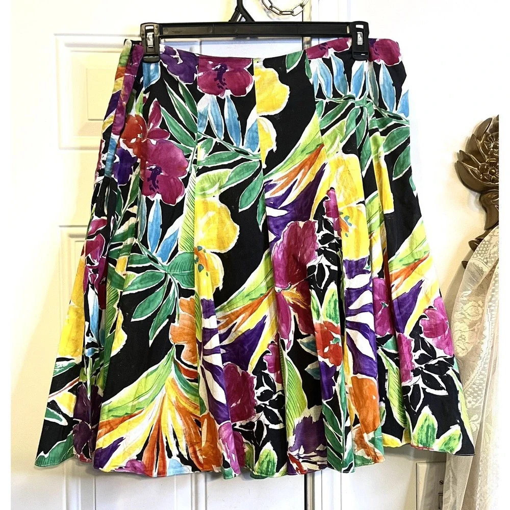 Vintage Ralph Lauren Floral A-Line Midi Skirt Sz 16 Black Multi Tropical Cotton